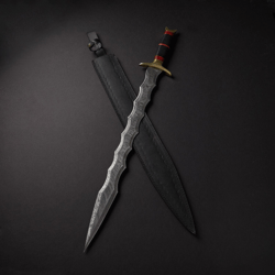 beautiful custom handmade 30 in damascus steel hunting sword with sheath