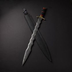 beautiful custom handmade 30 in damascus steel hunting sword with sheath