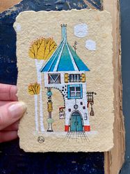 small cafe painting  whimsical original art mini artwork on handmade recycled paper by rubinova