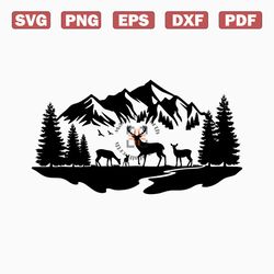 deer mountains scene svg, outdoors scene svg, deer family svg, forest deer svg, landscape svg, buck and doe svg, cut fil