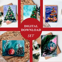 set winter new year 5 watercolor cards jpeg digital downloads