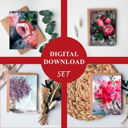 set flowers bouquet valentine's day 4 watercolor cards jpeg digital downloads