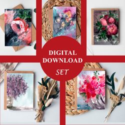 set flowers bouquet valentine's day 5 watercolor cards jpeg digital downloads