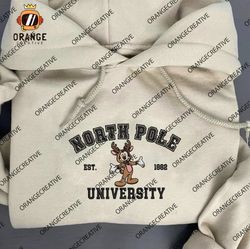 north pole university est embroidered shirts, disney crewneck, mickey christmas embroidered hoodie, xmas sweatshirt