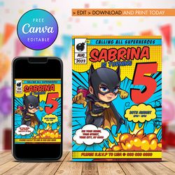 batgirl birthday girl invitation, any age birthday girl invitation comic style canva editable instant download