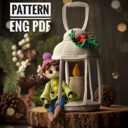 christmas lantern with a candle crochet pattern, amigurumi little gnome, christmas elf toy pattern