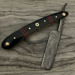 DAMASCUS STEEL Black Horn CUSTOM HAND MADE FOLDING STRAIGHT EDGE RAZOR