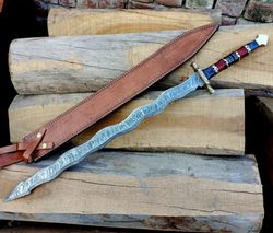 custom handmade damascus steel double edge hunting sword 34 inches battle ready with leather sheath & free shipping