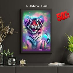 fantasy  baby tiger  illustration wall decor, digital art, posters, living room art, kids room art - digital download