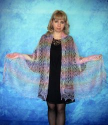 hand knit bright rainbow scarf, warm russian shawl, orenburg wool wrap, goat down stole, bridal cover up, kerchief, cape