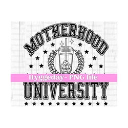 motherhood university png, digital download, sublimation, sublimate, smart, funny, mama, mom, preppy, iced coffee, one color design