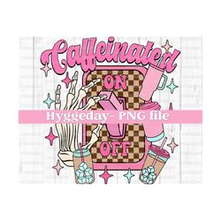 caffeinated on png, digital download, sublimation, sublimate, cute, retro, overstimulated, iced coffee, tumbler,  skull, skeleton, checker