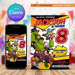 superheroes birthday invitation, 8th birthday superheroes invitation comic style canva editable instant download