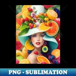 woman with a white hat and some colorful fruity - high-quality png sublimation download - instantly transform your sublimation projects