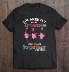 apparently were trouble when we are together who knew flamingo santa hat reindeer elf christmas shirt