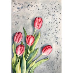 pink tulips painting flowers original watercolor floral artwork tulip bouquet handmade wall art