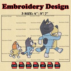 bluey machine embroidery designs, bandit bluey and bingo walking embroidery files, bluey cartoon digital download