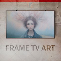 samsung frame tv art digital download, frame tv art avant-garde, frame tv art modern, young girl, tree branch horns