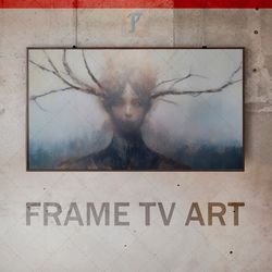 samsung frame tv art digital download, frame tv art avant-garde, frame tv art modern, frightening man, tree branch horns