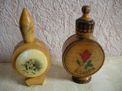 2 vintage wooden folk art bulgarian perfume bottles, rose, perfume vial holders