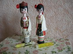 vintage bulgarian perfume rose, folk boy and girl, wooden bottles vials figurine
