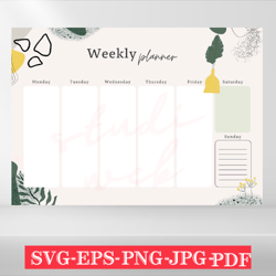 Weekly Planner Template Svg, Calendar svg, Printable Planner, Digital Download Calendar, Weekly Organizer, Blank Weekly