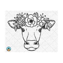 cow with flower crown svg cow svg file animal face floral crown cow with flowers on head cute cow svg farm animals png dxf cricut silhouette