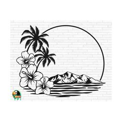 hawaiian flower scene svg, palm tree svg, hawaii svg, aloha svg, tropical frame svg, hibiscus svg, beach svg, cut files, cricut, png, svg