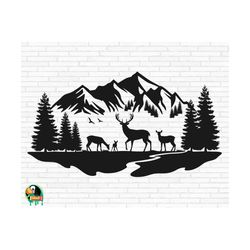 deer mountains scene svg, outdoors scene svg, deer family svg, forest deer svg, landscape svg, buck and doe svg, cut files, cricut, png, svg