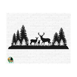 deer in the forest svg, deer family svg, wilderness svg, forest deer scene svg, landscape svg, buck and doe svg, cut files, cricut, png, svg