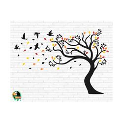 autumn tree and birds svg, fall tree svg, autumn tree svg, autumn tree and birds cut files, cricut, silhouette, png, svg, eps, dxf