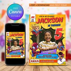 superheroes birthday invitation, any age birthday superheroes invitation comic style canva editable instant download