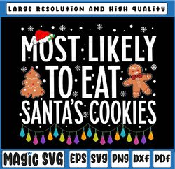 most likely to eat san-ta cookies family christmas holiday svg, funny christmas quotes svg, xmas san-ta cookies beer png