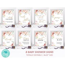 wildflower baby shower sign pack, editable template, girl custom package, printable red & pink flowers baby sprinkle tea