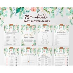 greenery 75 baby shower games, editable template, baby shower game bundle, green & pink floral printable girl baby showe