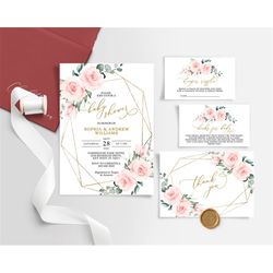 blush pink flowers baby shower invitation set, editable template, boho floral printable shower invite, gold frame, rose