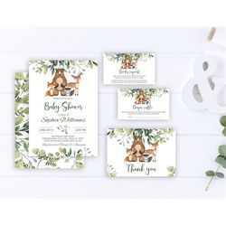 woodland baby shower invitation set, editable template, printable greenery invite, couples, neutral brunch card, boy, gi
