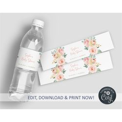 blush pink bottle label, 100 editable, water labels printable template, baby shower, birthday, bridal brunch, wedding, i