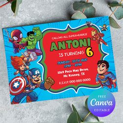 superheroes birthday invitation, any age birthday superheroes invitation comic style canva editable instant download