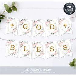 editable alphabet banner template, blush pink flowers printable baptism banner, communion decorations, birthday flags, i