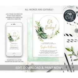 palm leaf oh baby invitation, tropical 100 editable text, greenry printable shower template, green and gold neutral invi