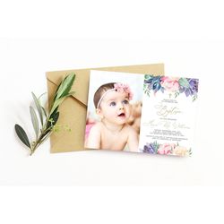 succulent baptism invitation, editable template, blush pink printable christening invite, floral dedication photo card,