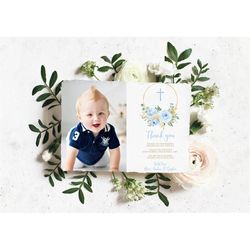 blue floral baptism photo thank you card, editable template, printable boho thank you, boy first communion, modern chris