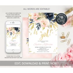 editable blush pink & navy it's a girl invitation template, boho printable girl baby shower invite, gold sweet baby girl