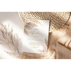 pampas grass baby shower invitation, editable template, printable bohemian baby girl invite, boho blush pink flowers & g