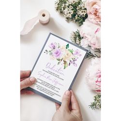Lavender Rose Dedication Invitation, EDITABLE Template, Printable Purple Flowers Girl First Communion Invite, Violet Chr
