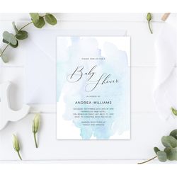 blue baby shower invitation, editable template, printable watercolor boy invite, simple baby brunch, calligraphy font, i