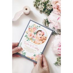 Blush Pink Floral Wreath Baby's First Birthday Party Invitation, EDITABLE Template, Floral Printable 1st Birthday Invite