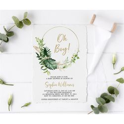 tropical oh boy invitation, 100 editable template, greenery baby shower invite, green & gold wreath, it's a boy brunch,