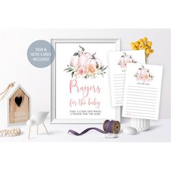 pumpkin prayers for baby sign and note cards, blush pink floral prayer for the baby, advice card, fall autumn flowers, i